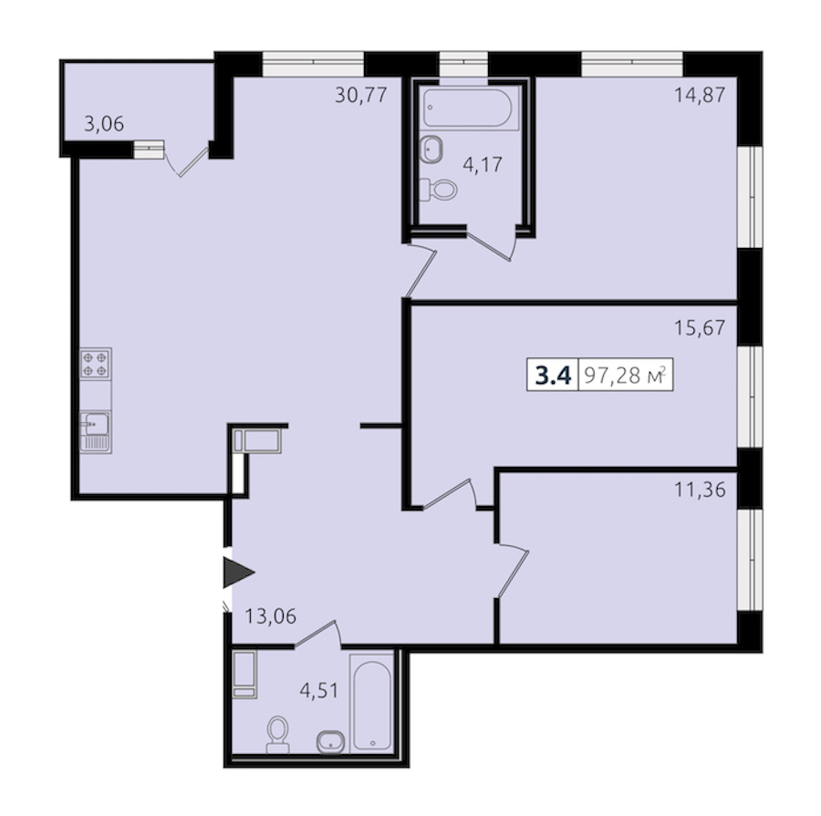 3-комнатная квартира 94.34 м², 10/14 эт., ЖК «Чёрная речка»
